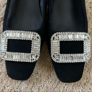 Roger Vivier inspired black suede shoes with crystal buckle